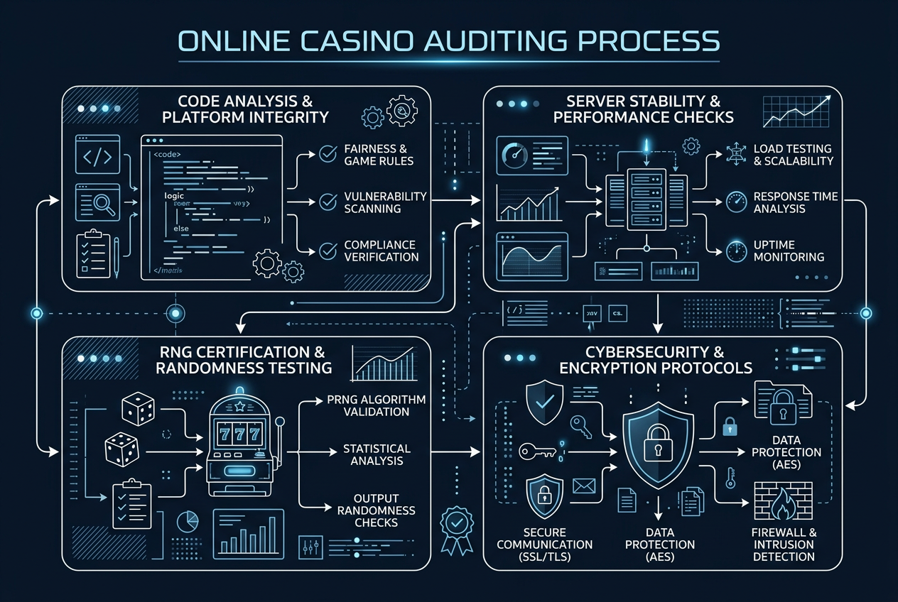 Infografika przedstawiająca proces audytu technicznego kasyn online w tym analizę kodu stabilność serwerów i certyfikację RNG