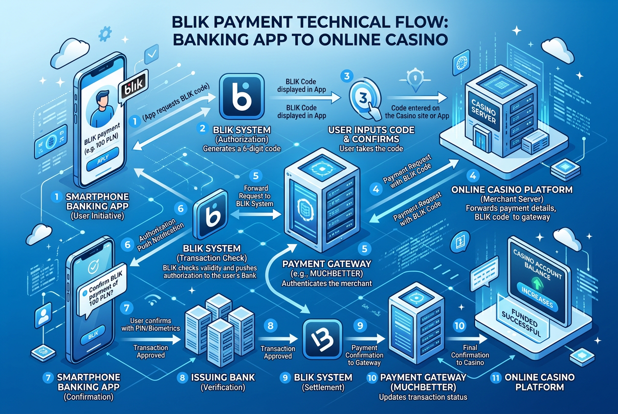 Infografika przedstawiająca techniczny schemat przepływu płatności BLIK od banku do serwera kasyna