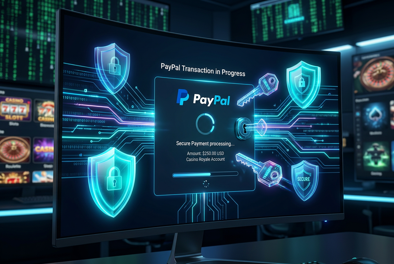 Interfejs płatności PayPal w nowoczesnym kasynie online z wizualizacją szyfrowania danych