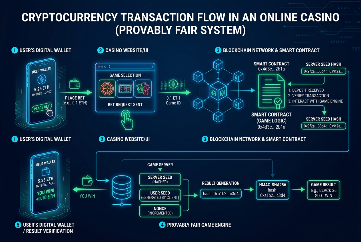 Techniczny schemat architektury kasyna krypto pokazujący przepływ transakcji od portfela gracza przez smart kontrakt do sieci blockchain