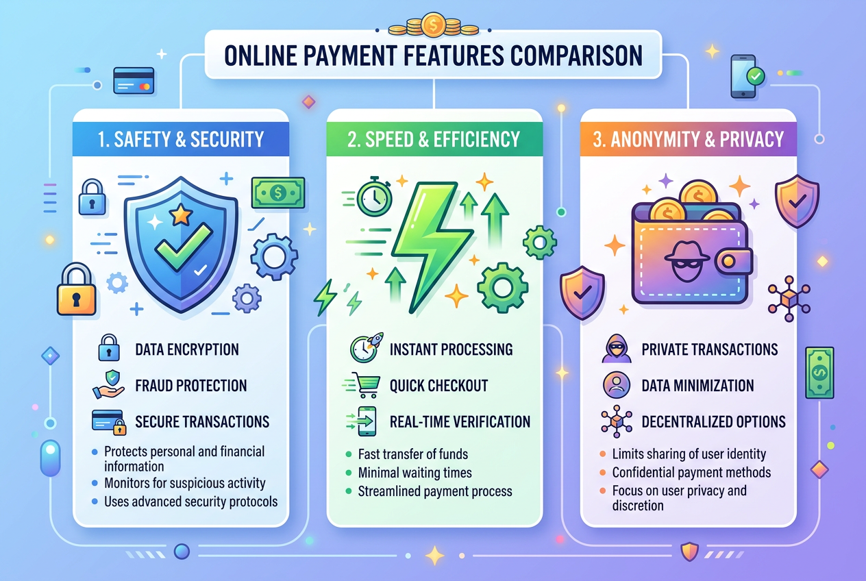 Comparison infographic of online casino payment methods safety and speed