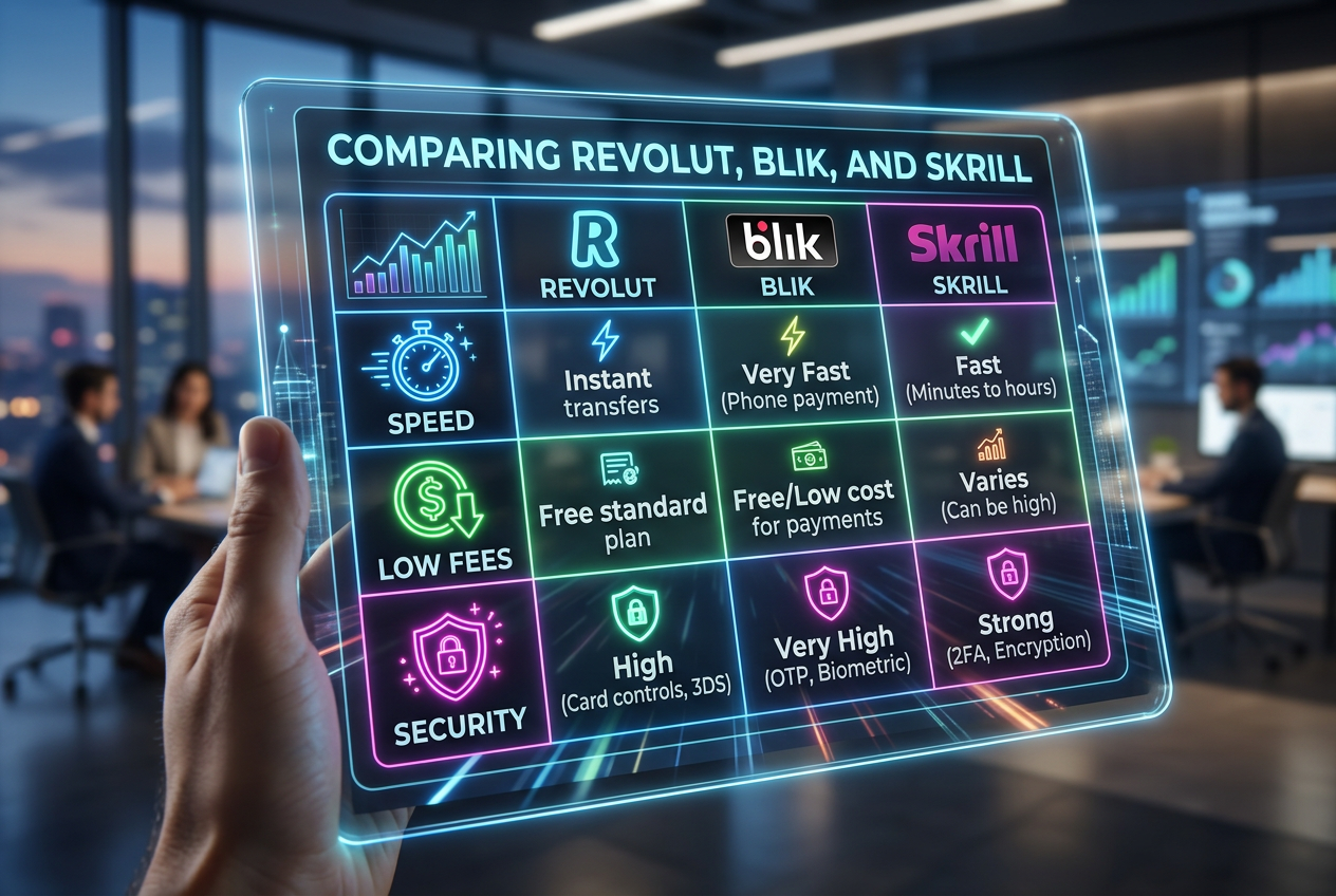Porównanie metod płatności Revolut, BLIK i Skrill w formie nowoczesnej tabeli UI